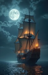 Fototapeta premium Old pirate ship sails on dark ocean under full moon. Sailing vessel with lit windows moves on wavy sea at night. Nautical adventure concept.