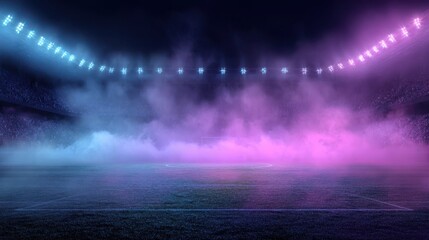 Fototapeta premium Cinematic sports stadium background with blue and pink neon lighting and thick fog or smoke at night