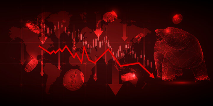 Vector illustrations of global economics with bear market and downward trend graph uptrend artwork and background financial and investment.