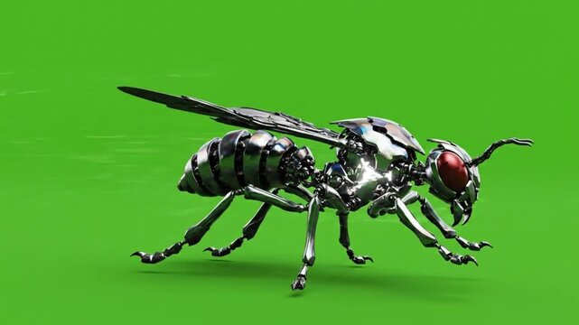 A chrome robotic cartoon wasp with glowing red eyes is posed in a dramatic 3d render on a bright green backdrop.