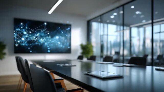 Modern conference room with digital network visualization on large screen, showcasing advanced technology integration. Sleek workspace design emphasizes innovation and connectivity