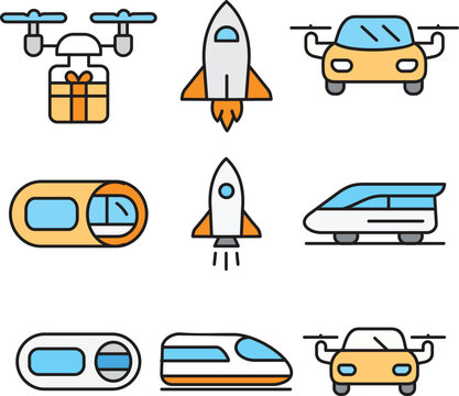 Futuristic Transportation Vector Icon Set &ndash; Drone Delivery, Rocket, Hyperloop, Autonomous Car