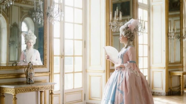 Elegant woman in luxurious pink and blue rococo dress and wig holding fan standing near mirror in golden palace interior for historical fashion and royal aristocracy concept