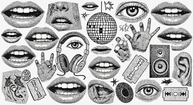 vintage lips and eyes art, disco ball, rock and roll, grunge style
