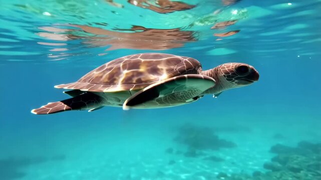 Sea turtle gracefully swimming in turquoise ocean water calm underwater scenery marine life conservation and oceanic ecosystems