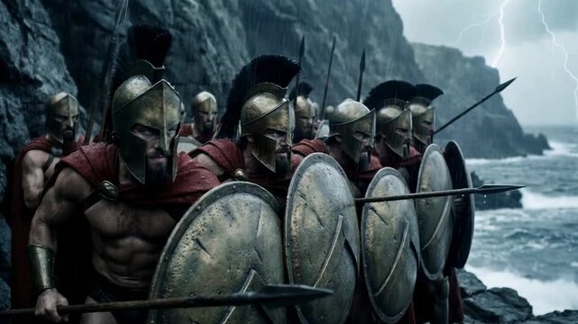 Group of muscular spartan warriors in red capes marching with shields and spears under rain and lightning near stormy sea for historical ancient war battle and heroic army concept