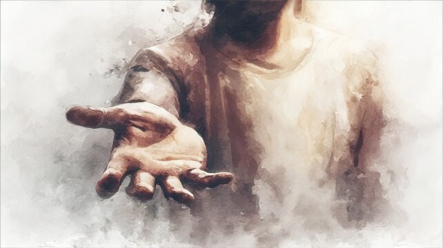Jesus christ, a well known religious figure, is depicted extending his hand in a gesture of compassion and faith illustration in this classic