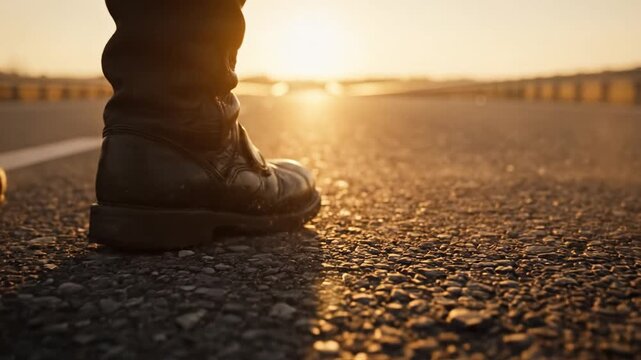 A close up of black leather boots walking along a highway at golden hour. Represents travel, freedom, and the journey ahead. Ideal for travel vlogs, adventure stories, and motivation.