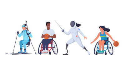 Fototapeta premium Para Athletes Group Doing Biathlon, Wheelchair Basketball, and Fencing