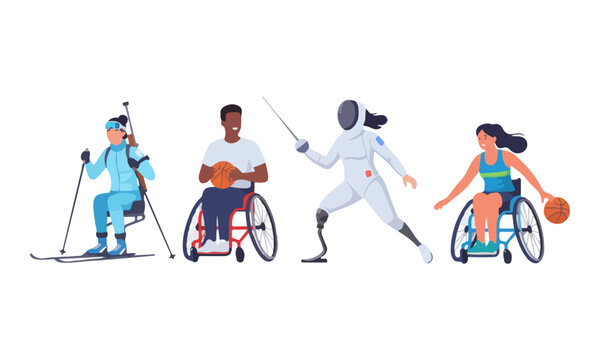Para Athletes Group Doing Biathlon, Wheelchair Basketball, and Fencing