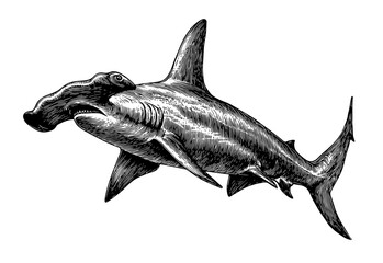 Fototapeta premium Scalloped hammerhead shark swimming, black ink engraving isolated on white, sketch of marine predator as vintage naturalistic vector illustration