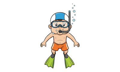 Child Snorkeling Cartoon Character Wearing Diving Mask and Fins © tere