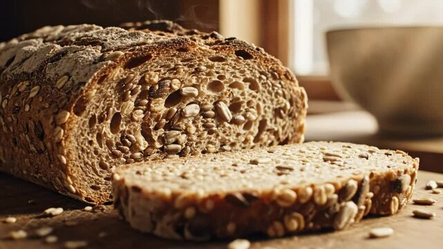 Close-up of a rustic loaf of multigrain bread with a slice cut and placed on a wooden board ready to eat