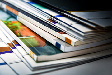 Fototapeta premium Stack of annual report books in the library