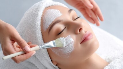 Woman receiving hydrating facial mask application enjoying relaxing beauty spa skincare treatment and professional