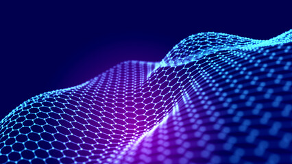 Futuristic wave of musical particles. Stream of running data. 3D rendering