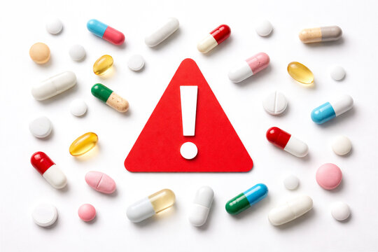 medications, capsules and tablets scattered around a prominent red warning sign symbolizing caution, risks and potential dangers associated with drug intake or overdose