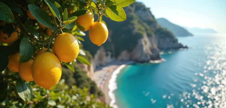 Yellow lemons grow on tree branch with green leaves overlooking blue sea and rocky coast. Beach with umbrellas below has people relaxing under bright sun.