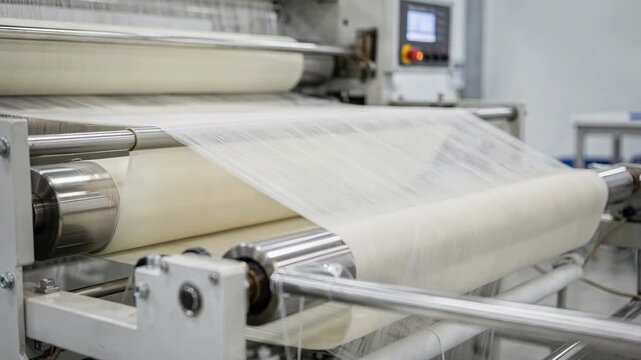 Medium shot of a trial run on a biodegradable nonwoven prototype line using PLA polymers capturing delicate fabric formation and smooth mechanical operation.