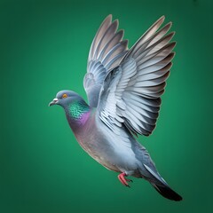 Fototapeta premium Pigeon flying with wings spread against green background