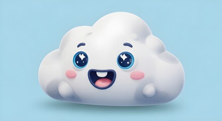 Obraz premium A cute and cheerful 3D white cloud character with sparkling eyes, rosy cheeks, and a happy expression on a soft blue background. So adorable.