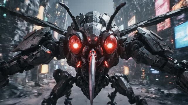 A menacing cartoon wasp robot with glowing red eyes hovers in a dark, cinematic cyberpunk city street.