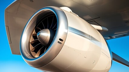 nacelle. Detailed shot of an airplane engine nacelle reflecting sunlight under a wing. mobility guides, transit brochures, designed for mobility and urban transit guides, used by copywriters.