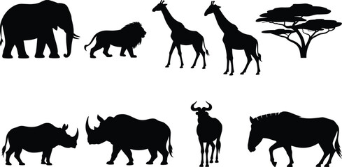 African safari animals silhouette collection with elephant lion giraffe rhinoceros antelope and acacia tree, wildlife nature illustration isolated on white © MstGeasmin