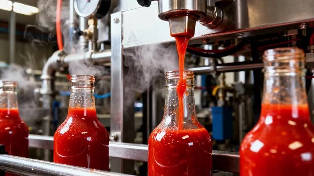 Industrialstyle filling station capturing extra hot pepper sauce being precisely dispensed into glass bottles showcasing vibrant red hues and steam.
