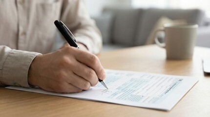 Fototapeta premium Man's hand signing a document with a pen on a wooden desk.
