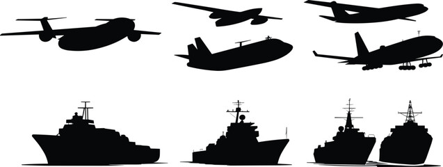 Aircraft silhouettes, military planes, commercial jets, naval ships, war vessels, cargo aircraft, bomber silhouettes, passenger planes, destroyer ships, maritime transport © MstGeasmin