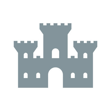 Simple gray castle icon with three towers and arched windows.