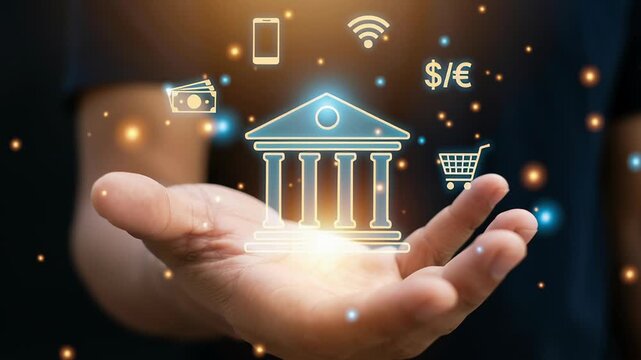 Businessman holds digital icons representing mobile banking and online payments hand symbolizing cashless transaction economy with secure financial technology and service