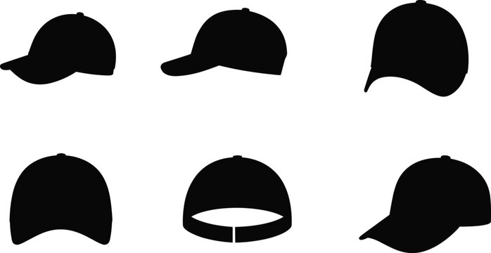 Baseball cap silhouettes, fashion accessory, headwear design, front view, side profile, back angle, casual style, sportswear illustration, isolated background, branding concept