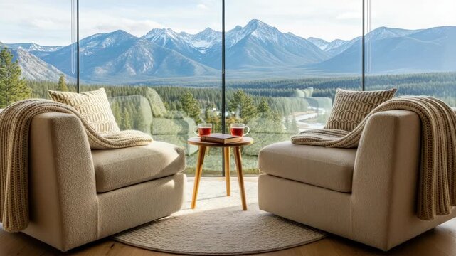 Armchairs with blanket and tea table facing mountain view
