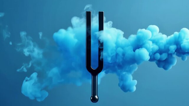 Vibrating tuning fork spinning with blue smoke