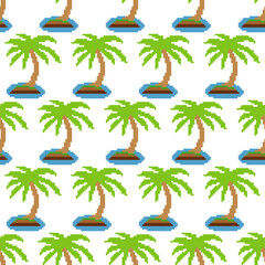 Seamless pattern with tropical palm tree pixel art