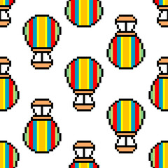 Seamless pattern with hot air balloon pixel art