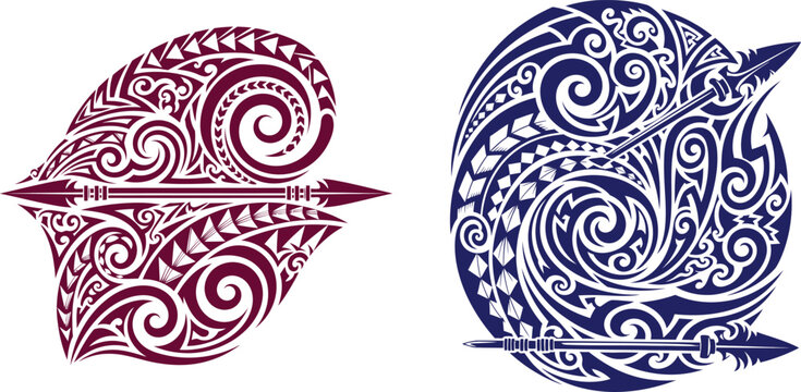 Dynamic tribal shield and circular patterns featuring traditional spear elements for cultural symbolism designs