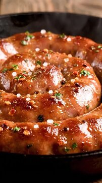 Delicious cooked spiral pork sausage sizzling in a cast iron pan