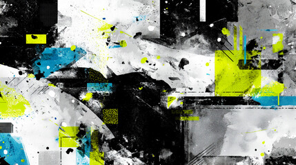 コンクリート壁に描かれた黄緑と水色と黒のグランジ・グラフィティ