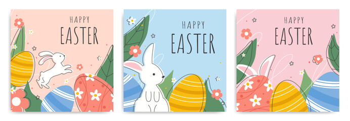 Happy Easter square greeting cards set with bunny, flowers and decorative eggs. Modern posters in minimalist style © Vita