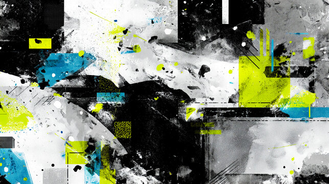 コンクリート壁に描かれた黄緑と水色と黒のグランジ・グラフィティ