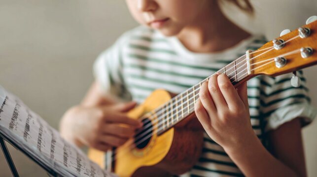 Young child learning to play ukulele, practicing music lesson with sheet notes for hobby and education