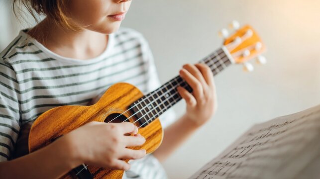 Child learning to play ukulele, hands on strings, following sheet music during music lesson and education