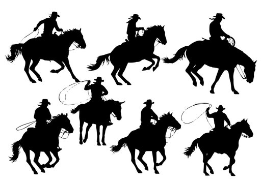 Cowboy riding a horse black silhouettes collection vector illustration