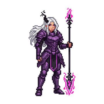 pixel art dark elf female warrior in purple plate armor wielding a magical energy spear.