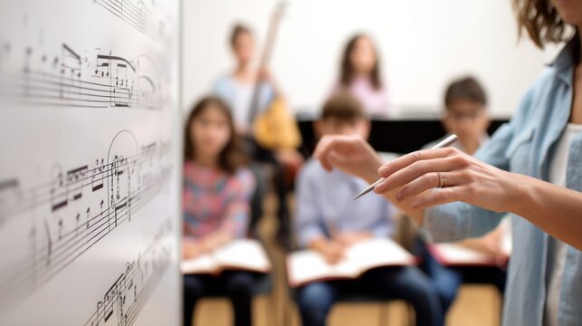 Teacher focusing student attention on musical score while children observe during a music learning class at school