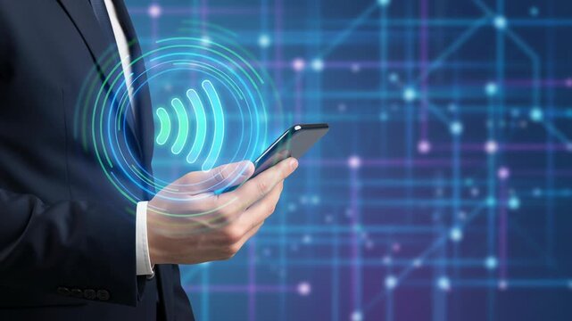 Businessman uses mobile banking for digital payments and online transaction in cashless economy with advanced secure technology and wireless connection financial services experience