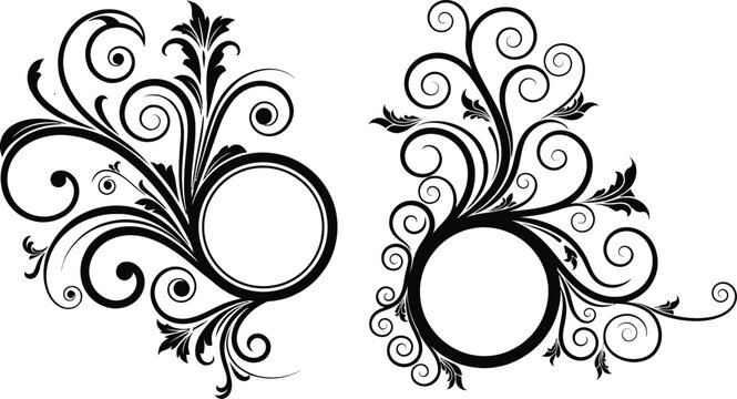 Elegant swirling calligraphic frames with botanical elements and a central empty circle for text or monograms